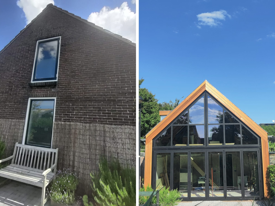 Voor en na beeld van renovatie voorgevel